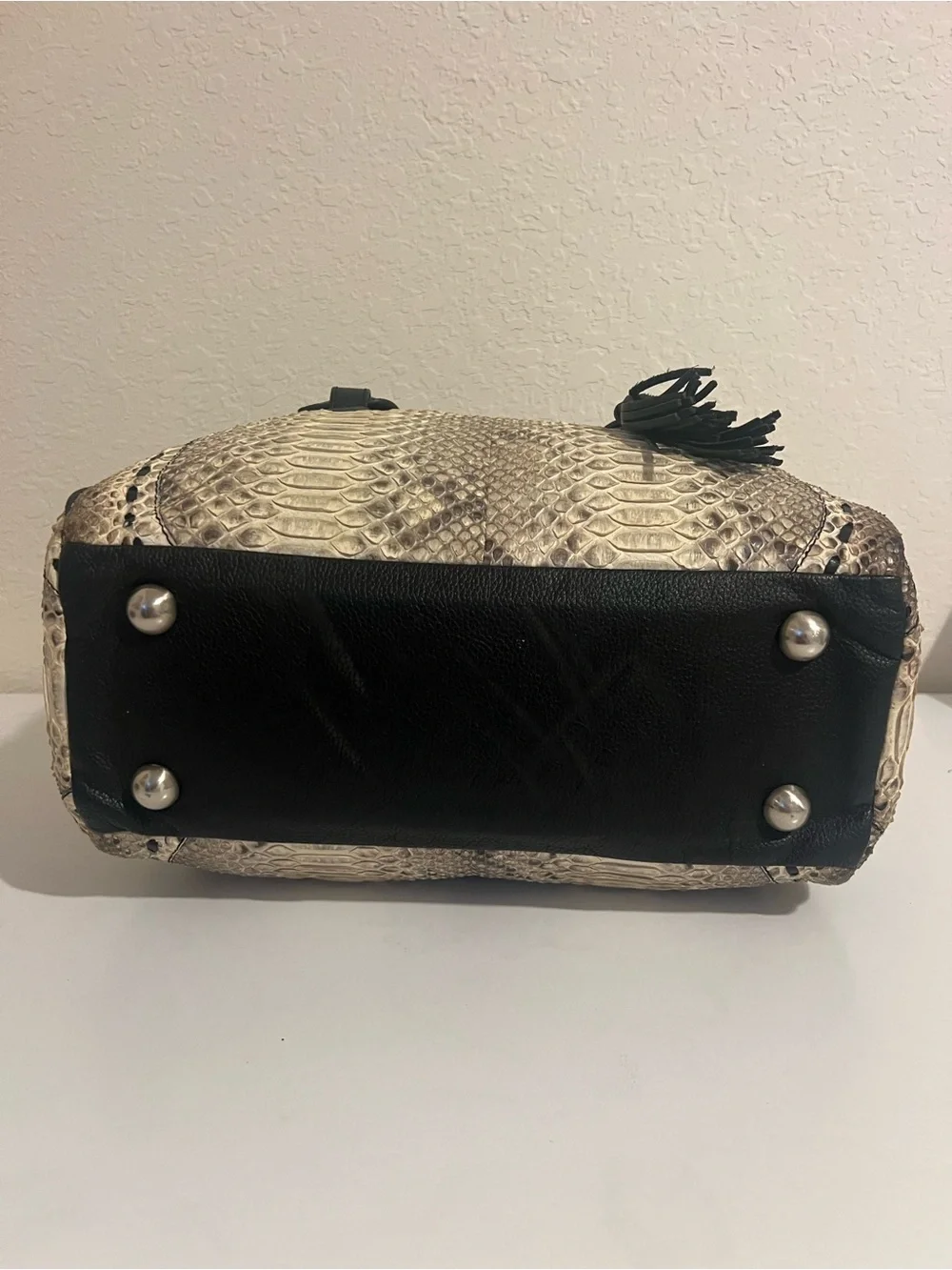 Neutral Snakeskin Satchel with Black Leather Handles